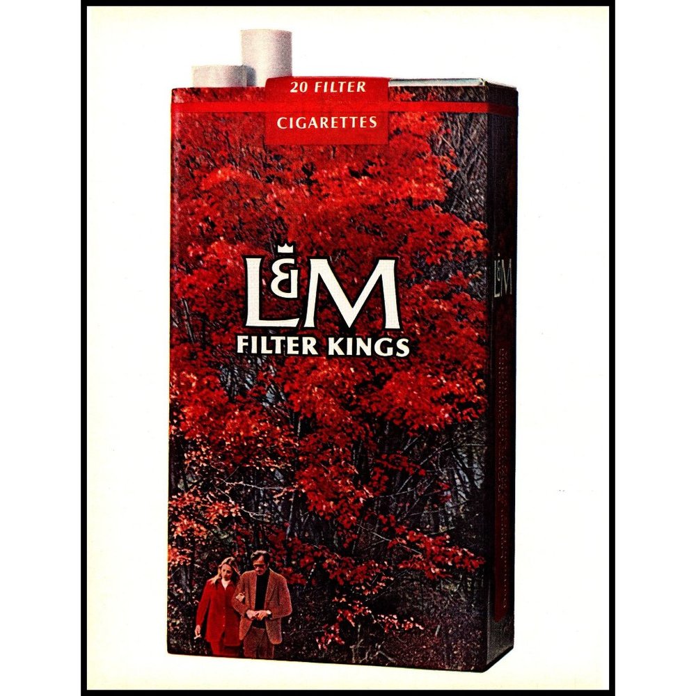 1970 L&M Cigarettes Vintage Print Ad Autumn Leaves Park Pack Couple Walking Art